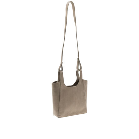 Clutch Gardunha em couro e tecido de upcycling. Sem fechos e sem metais. Cor taupe