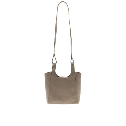 Clutch Gardunha em couro e tecido de upcycling. Sem fechos e sem metais. Cor taupe