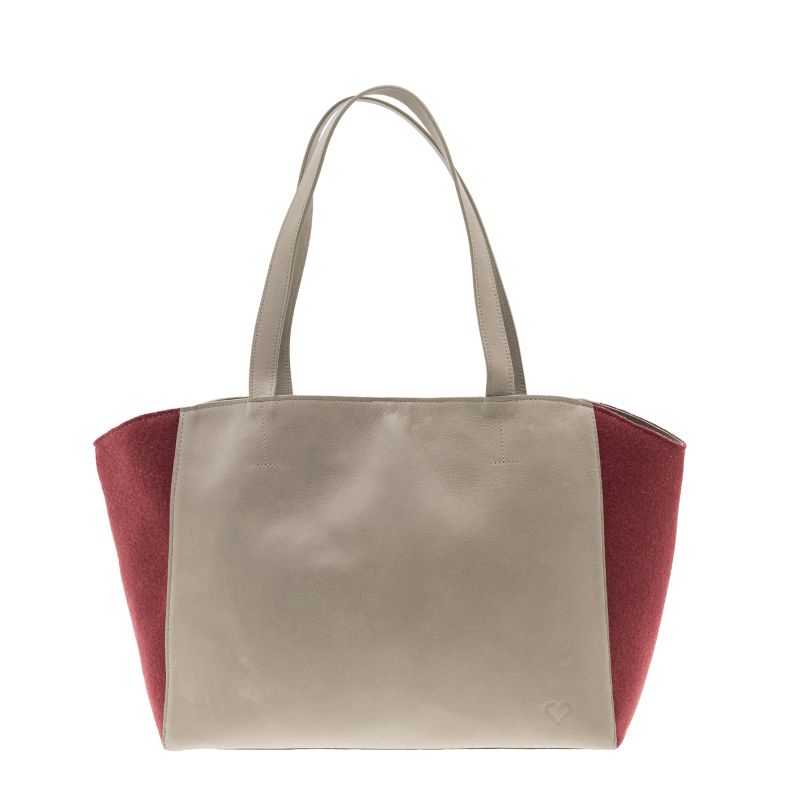 Mala de Senhora Lotus em pele de upcycling cor taupe e burel bordeau
